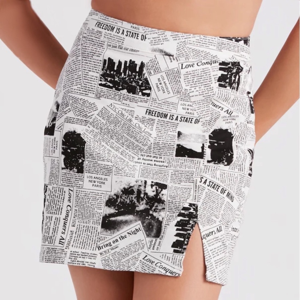 Newspaper Print Denim Skirt
